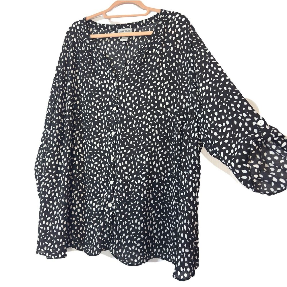 Catherines Women’s Blouse Size 4X 30/32 W Top Button Front Black & White Print
